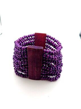 Stretchy Purple 10 Row Wood Beaded Bracelet 8 Inches
